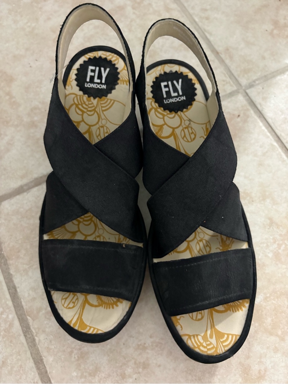 Fly London Black Crisscross Slingback Wedge Sandals